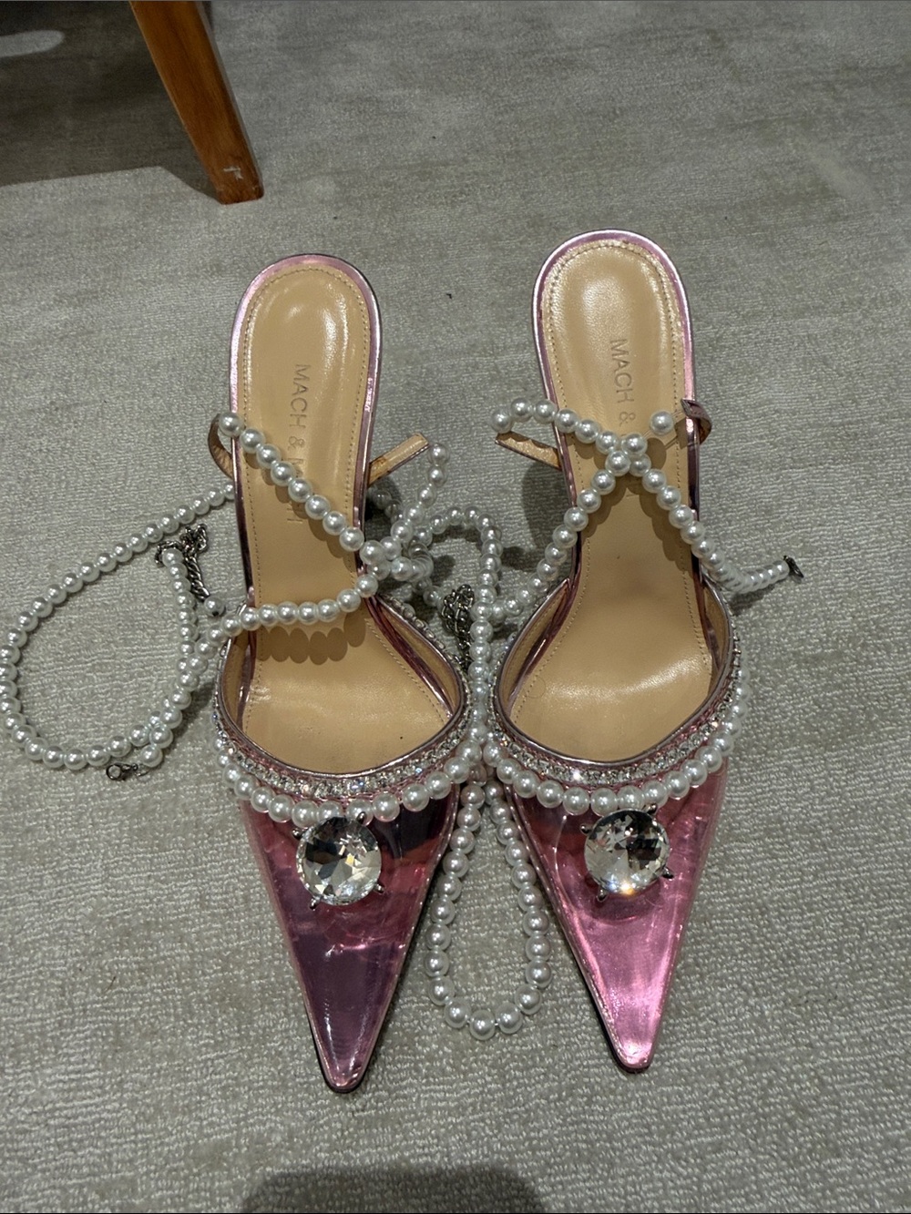 MACH & MACH Metallic Pink Pearl-Strap Pointed Toe Heels